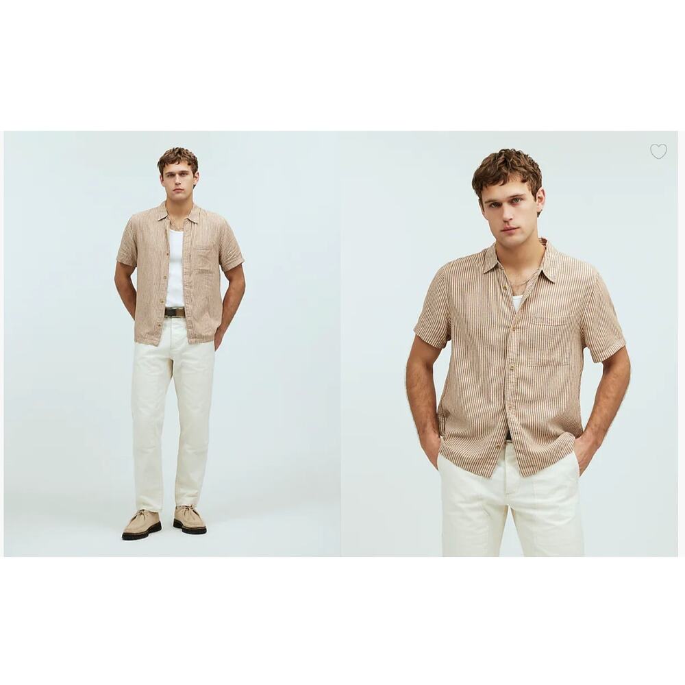 Madewell Shirt Men Medium Beige Button Up Striped Short Sleeve NL096 NWT FLAW